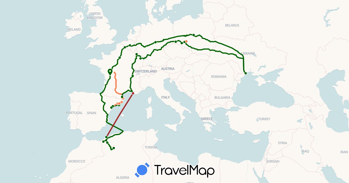 TravelMap itinerary: driving, a pied, train, bateau in Belgium, Germany, Algeria, Spain, France, Poland, Ukraine (Africa, Europe)